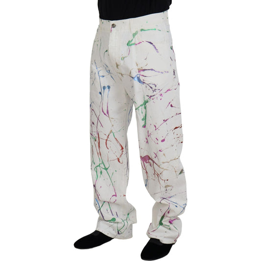 Dolce & Gabbana Chic White Splash Print Denim Pants Dolce & Gabbana Gray