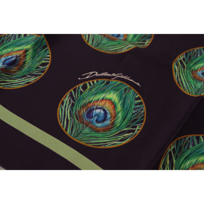 Dolce & Gabbana Black Peacock Feather DG Printed Square Handkerchief Scarf