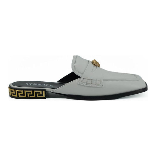 Versace Elegant White Leather Flat Slides Versace Dark Gray