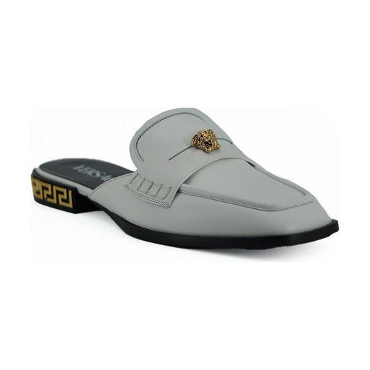 Versace Elegant White Leather Flat Slides Versace Dark Gray