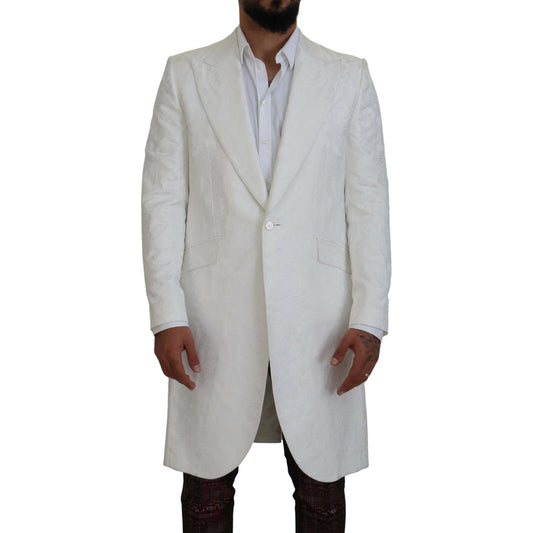 Dolce & Gabbana Elegant White Floral Brocade Trench Coat Dolce & Gabbana Gray