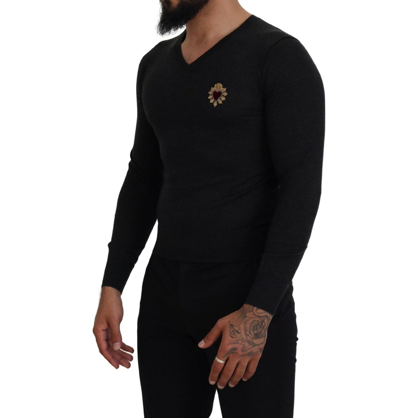 Dolce & Gabbana Gray Cashmere V-neck Gold Heart Sweater