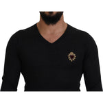 Dolce & Gabbana Gray Cashmere V-neck Gold Heart Sweater