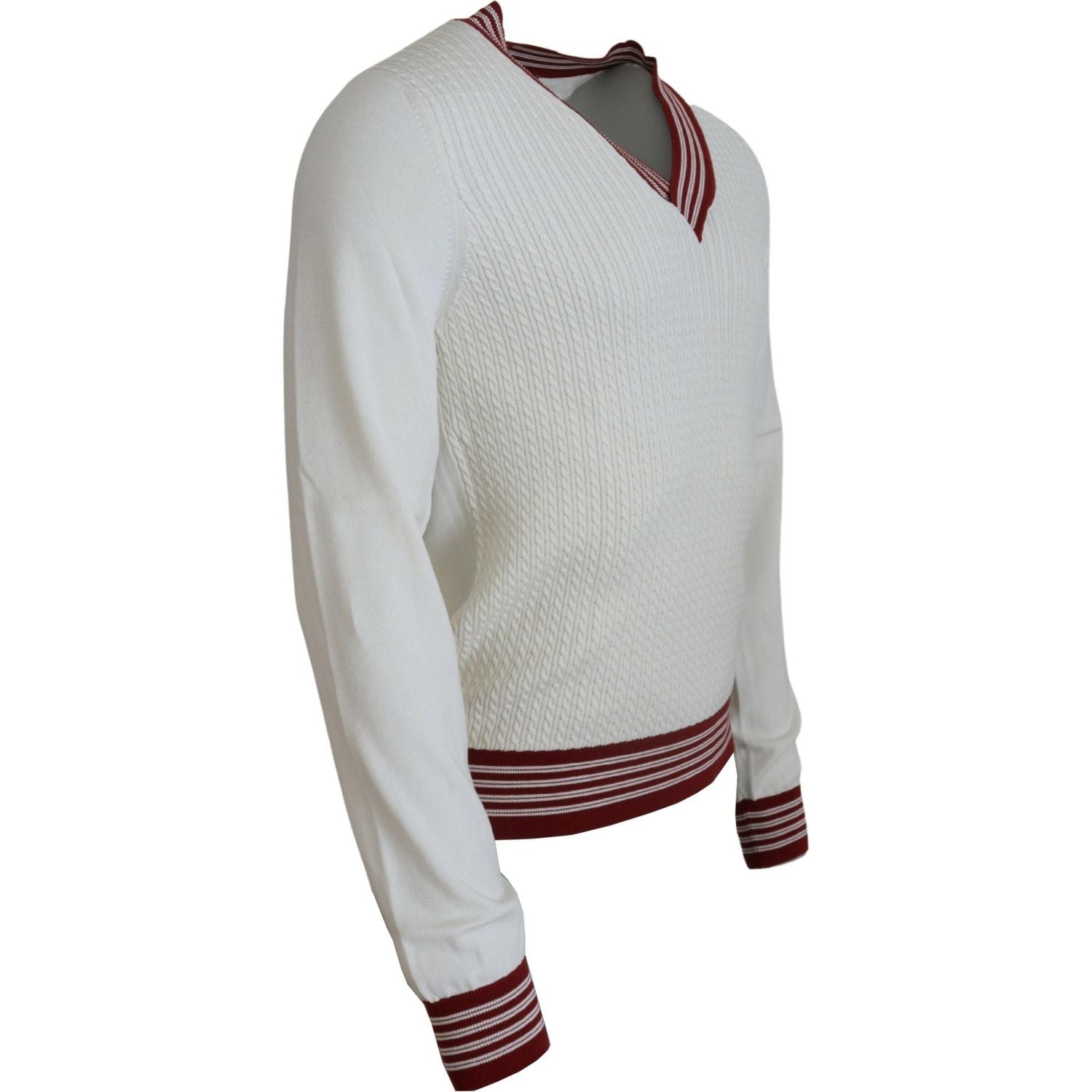 Dolce & Gabbana White Red Knitted V-neck Pullover Sweater