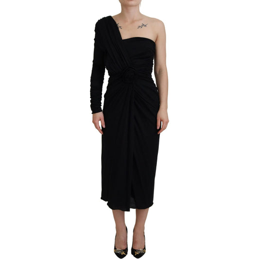 Dolce & Gabbana Black Wrap Sheath One Shoulder Wool Dress DR28903-38