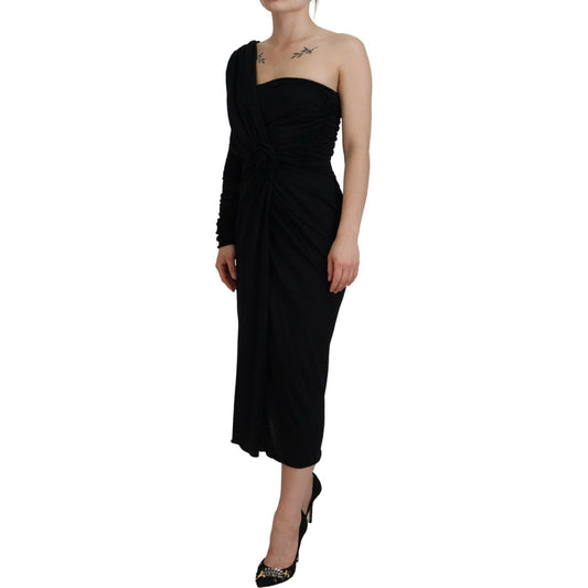 Dolce & Gabbana Black Wrap Sheath One Shoulder Wool Dress DR28903-38