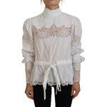 Dolce & Gabbana White Cotton Lace Trim Turtle Neck Blouse Top