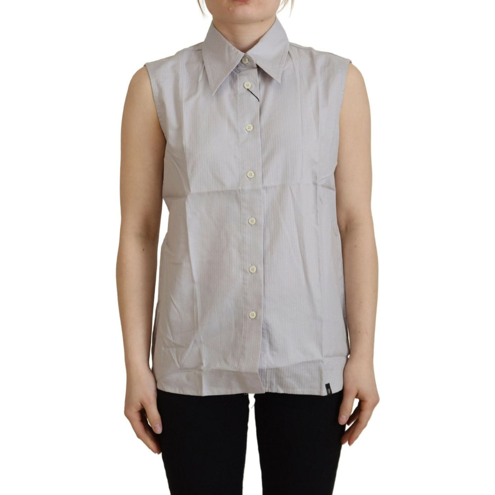 Ferre Light Gray Stripes Cotton Sleeveless Collared Top TSH83347- 40
