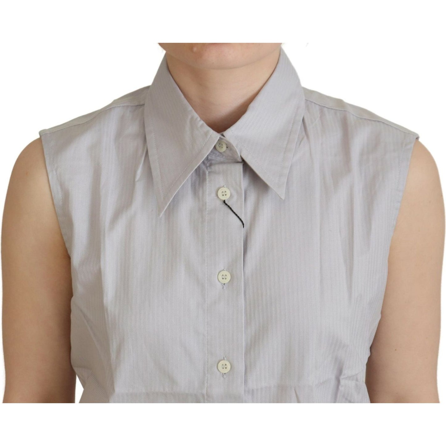 Ferre Light Gray Stripes Cotton Sleeveless Collared Top TSH83347- 40