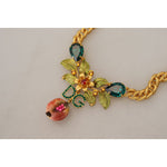 Dolce & Gabbana Gold Brass Crystal Logo Fruit Floral Statement Necklace SMY101076