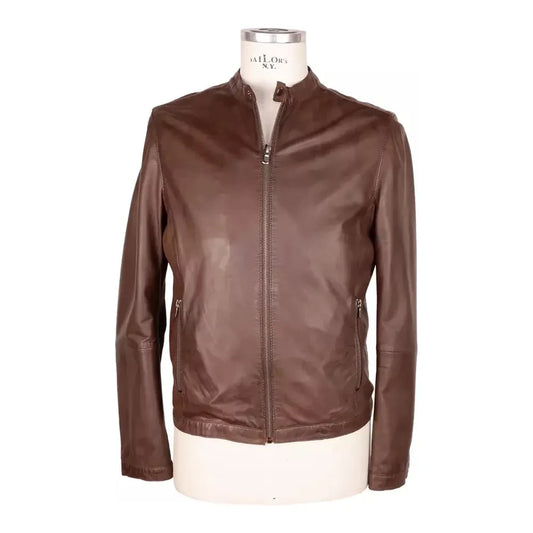 Emilio Romanelli Elegant Brown Leather Jacket with Snap Collar Emilio Romanelli Dim Gray