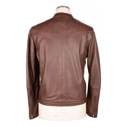 Emilio Romanelli Elegant Brown Leather Jacket with Snap Collar Emilio Romanelli Dim Gray