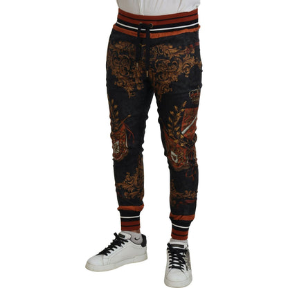 Dolce & Gabbana Gray Silk Baroque Crown Trousers Sport Pants