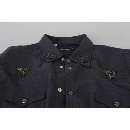 Dolce & Gabbana Blue Cotton Denim Crystal Bee Shirt