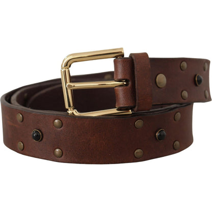 Dolce & Gabbana Brown Leather Studded Gold Tone Metal Buckle Belt