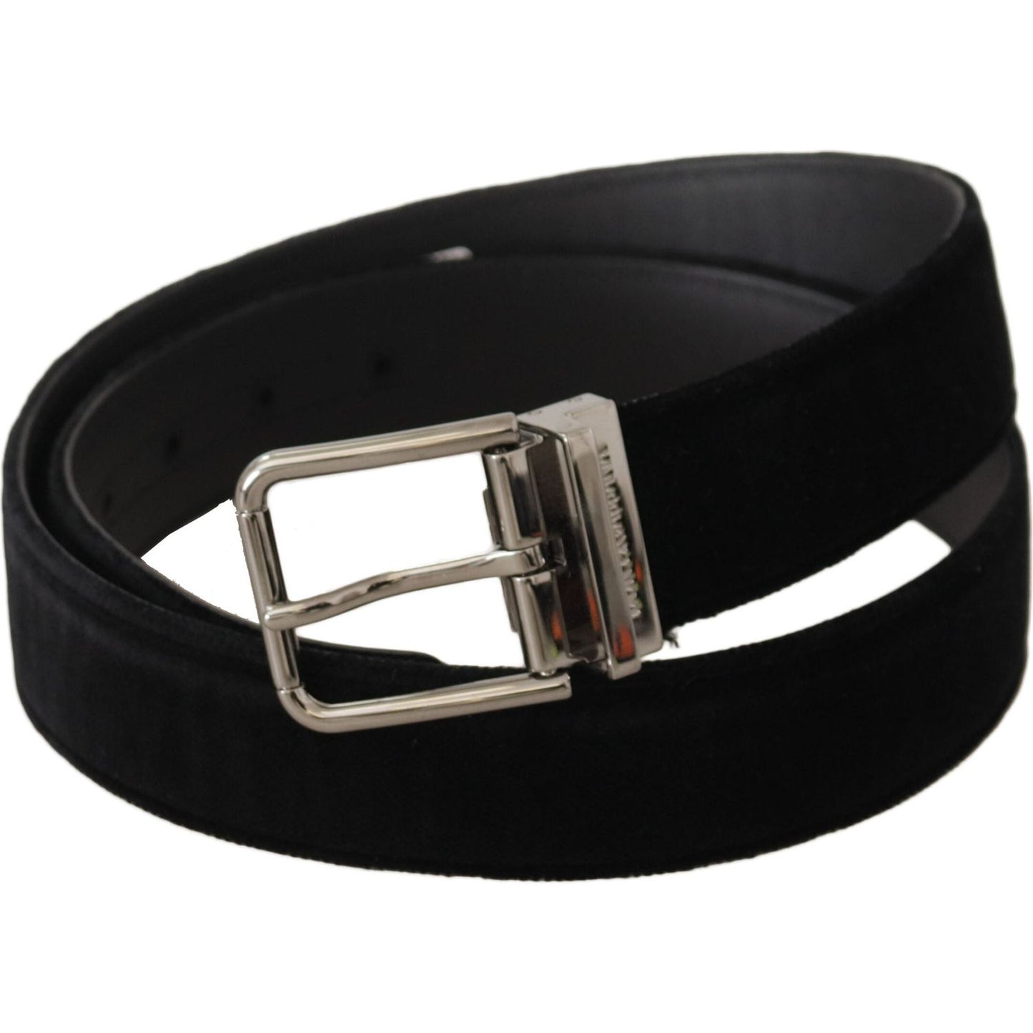 Dolce & Gabbana Black Velvet Silver Logo Engraved Metal Buckle Belt