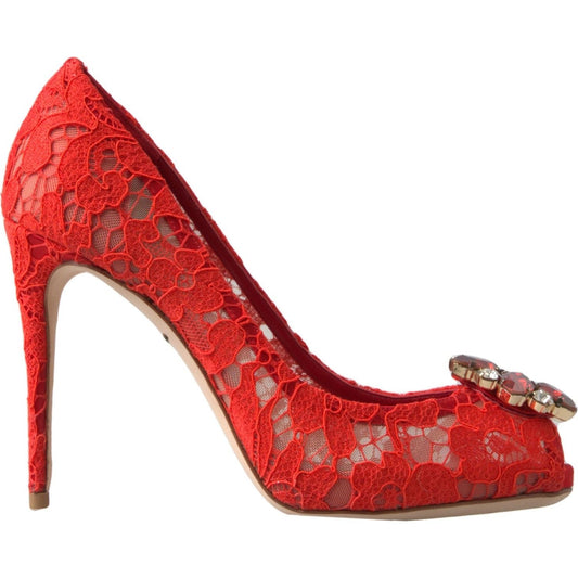 Dolce & Gabbana Chic Red Lace Heels with Crystal Embellishment Dolce & Gabbana Brown