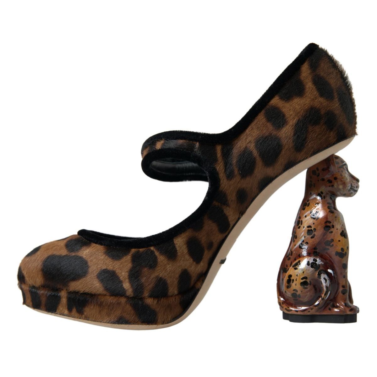 Dolce & Gabbana Black Brown Calf Leopard Heel Mary Jane Pump Shoes