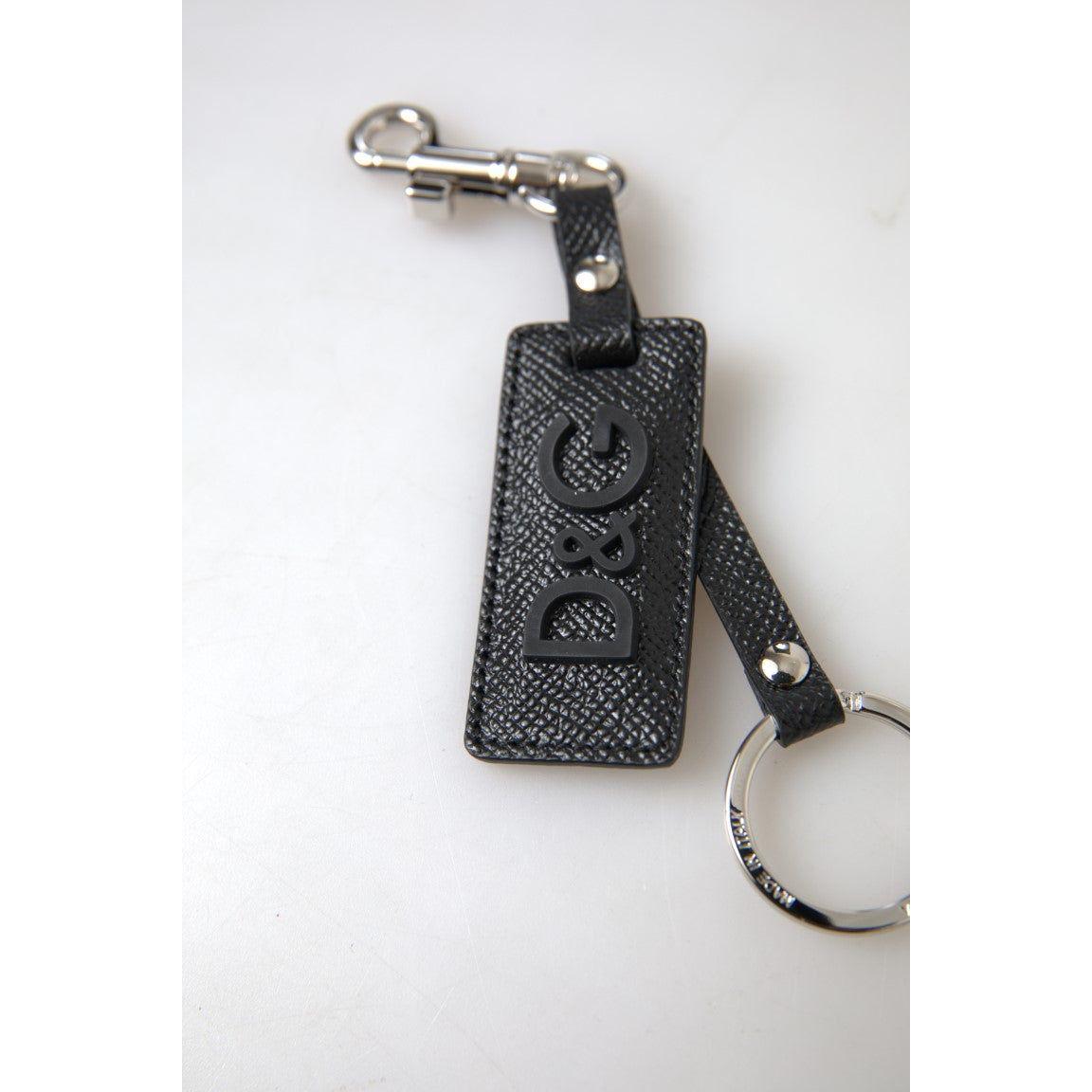 Dolce & Gabbana Black DG Logo Leather Silver Metal Keychain SMY101200
