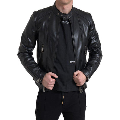 Dolce & Gabbana Black Leather Zipper Coat Men Jacket