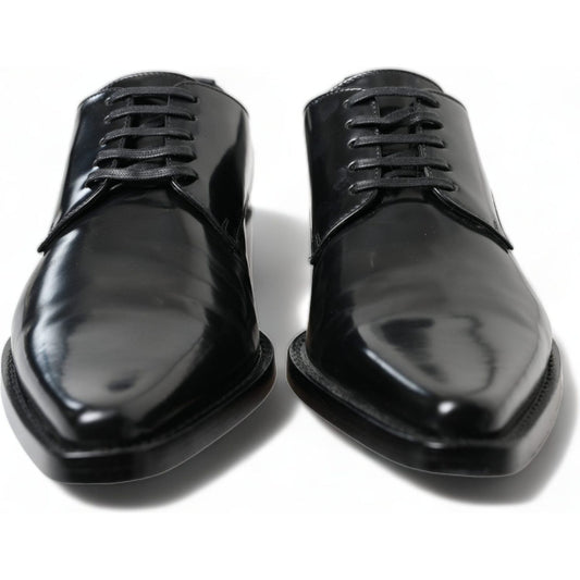 Dolce & Gabbana Black Leather Lace Up Formal Flats Shoes
