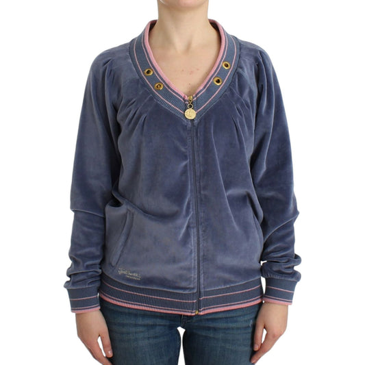 Cavalli Elegant Blue Zip Cardigan with Gold Details Cavalli Dark Slate Gray
