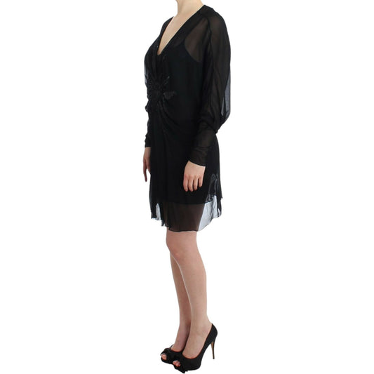 Cavalli Elegant Sheer Black Silk Blouson Dress Cavalli Rosy Brown