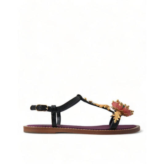 Dolce & Gabbana Black Crystal Gold Sandals Leather Shoes