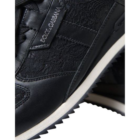 Dolce & Gabbana Black Floral Lace Leather Sneakers Shoes