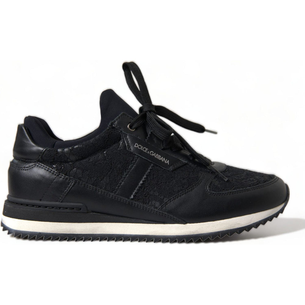 Dolce & Gabbana Black Floral Lace Leather Sneakers Shoes