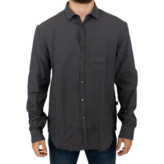Costume National Chic Gray Checked Casual Linen Blend Shirt Costume National Dark Slate Gray