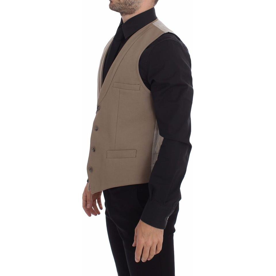 Dolce & Gabbana Beige Cotton Slim Fit Button Front Dress Vest