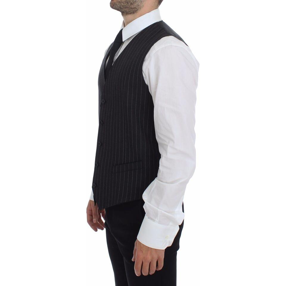 Dolce & Gabbana Gray Striped Wool Logo Vest Gilet Weste