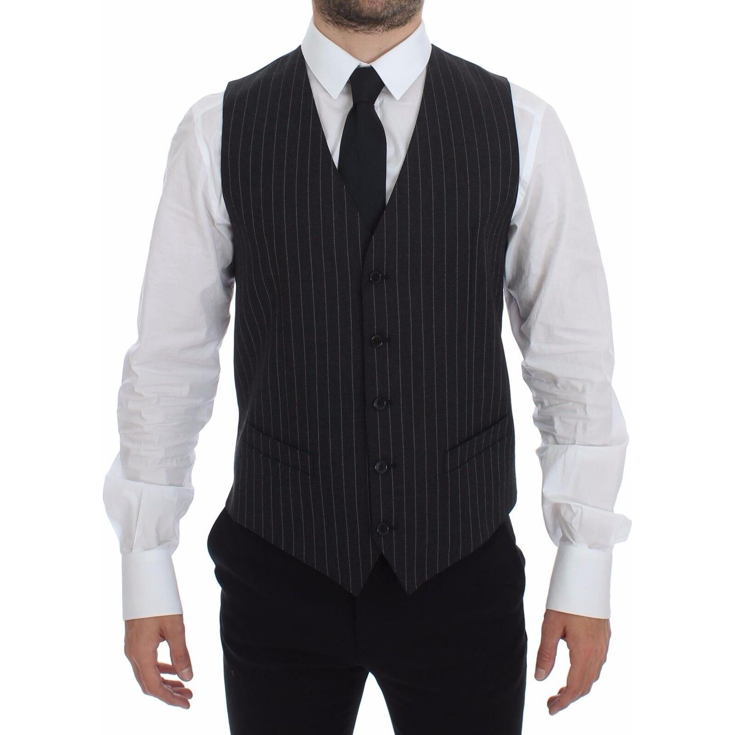 Dolce & Gabbana Gray Striped Wool Logo Vest Gilet Weste
