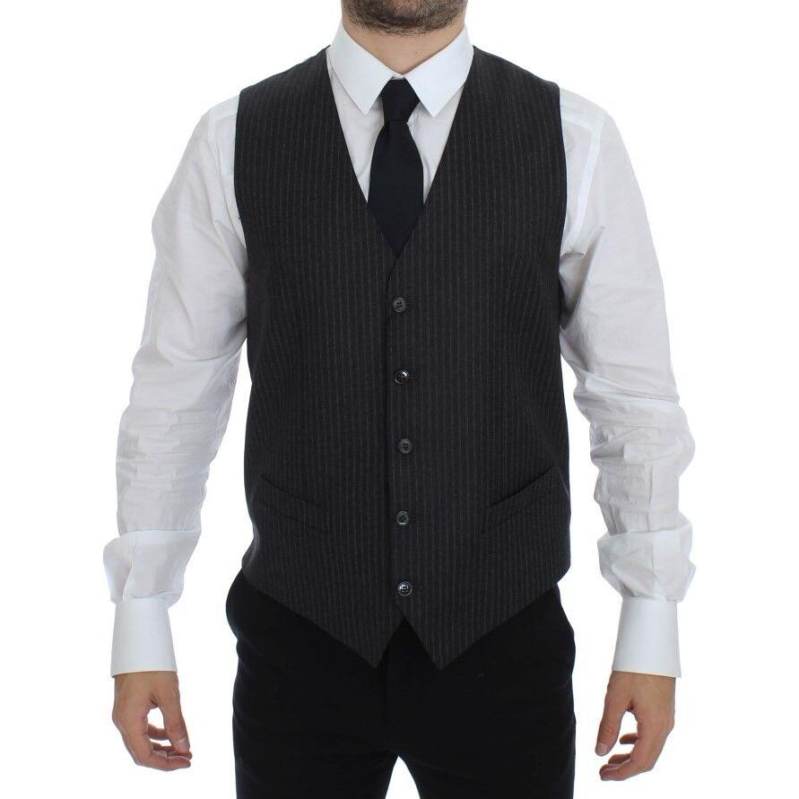 Dolce & Gabbana Gray Striped Wool Single Breasted Vest