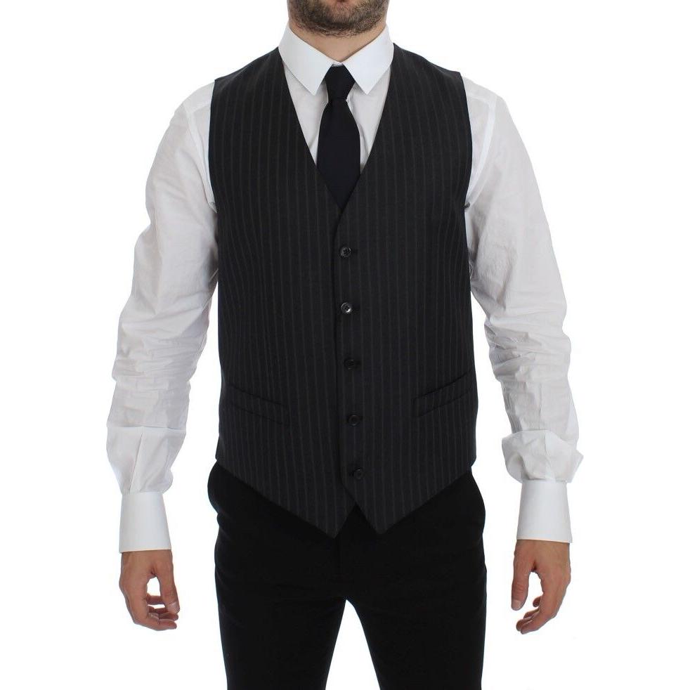 Dolce & Gabbana Gray Striped Wool Logo Vest Gilet Weste