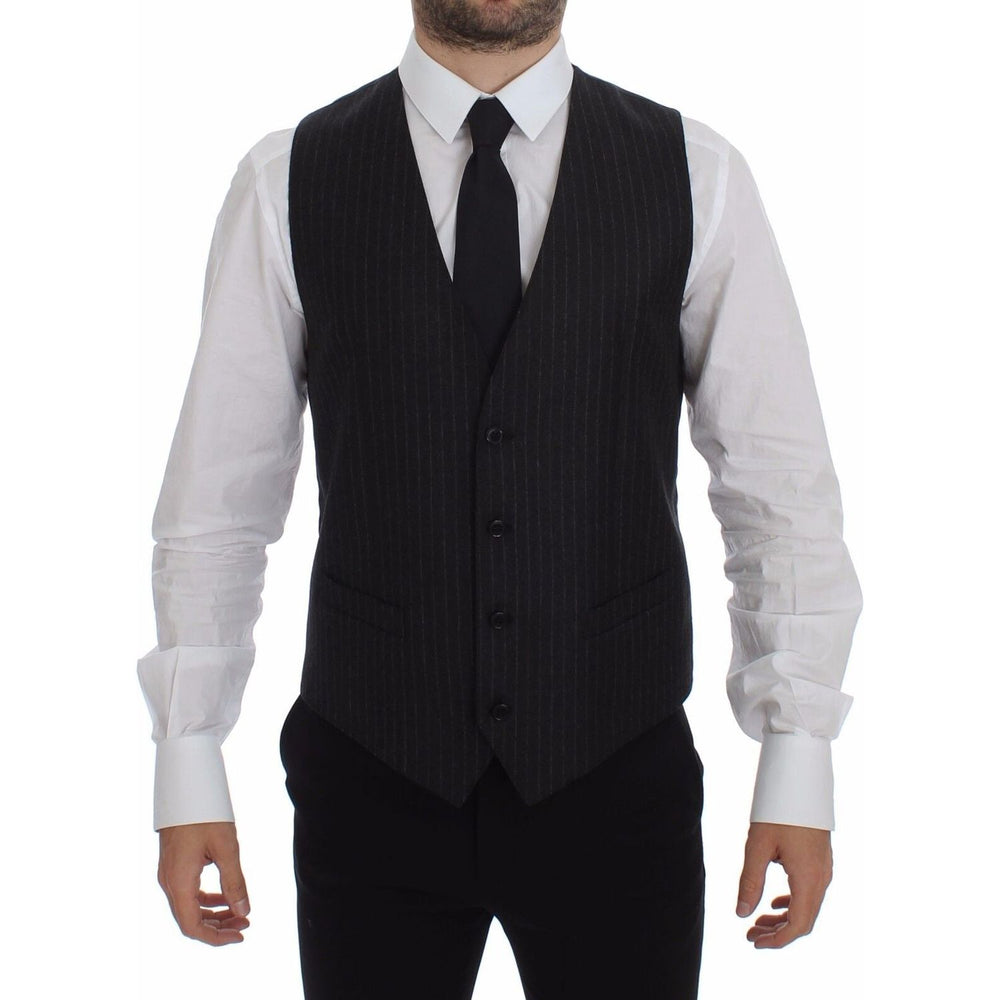 Dolce & Gabbana Gray Striped Wool Logo Vest Gilet Vests