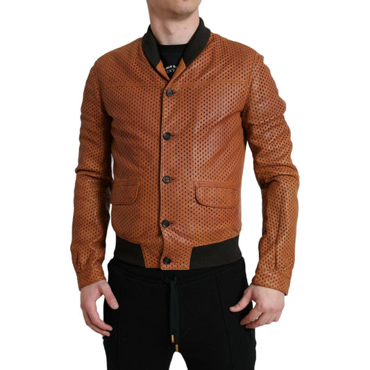 Dolce & Gabbana Elegant Leather Perforated Bomber Jacket Dolce & Gabbana Sienna