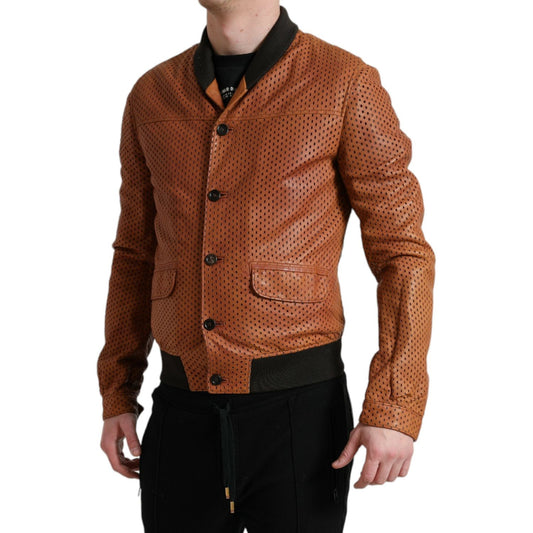 Dolce & Gabbana Elegant Leather Perforated Bomber Jacket Dolce & Gabbana Saddle Brown