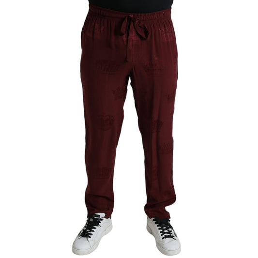 Dolce & Gabbana Maroon Crown Pattern Silk Pajama Pants