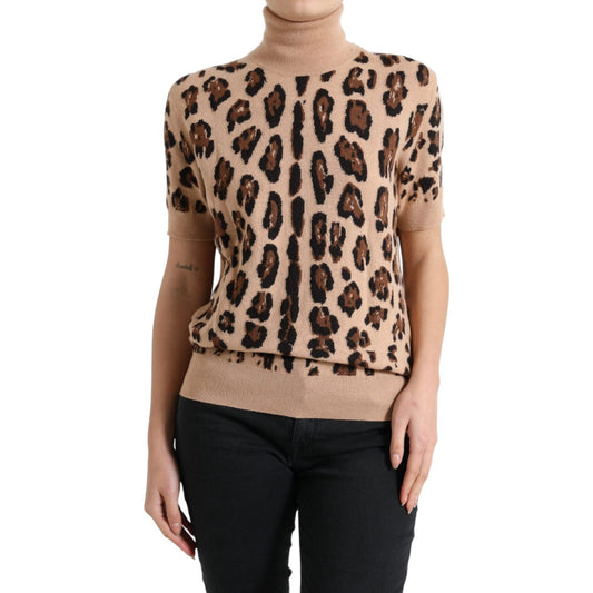Dolce & Gabbana Elegant Beige Leopard Turtleneck Wool Top Dolce & Gabbana Tan