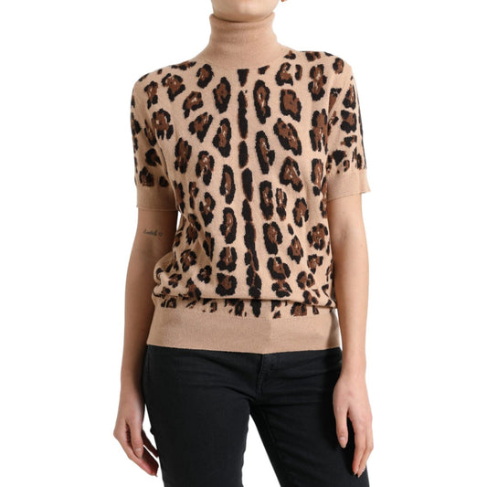Dolce & Gabbana Elegant Beige Leopard Turtleneck Wool Top Dolce & Gabbana Black