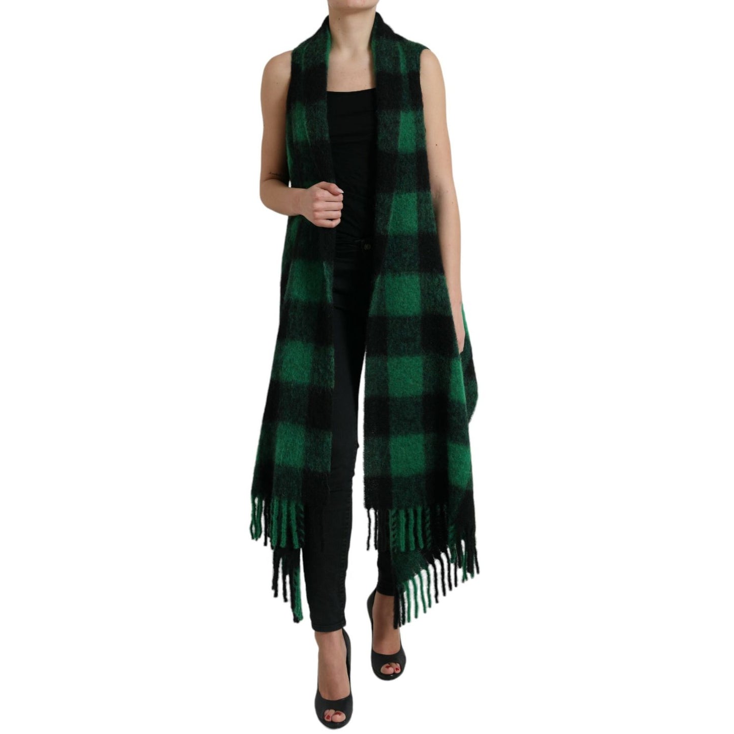 Dolce & Gabbana Black Green Buffalo Check Poncho Coat Jacket