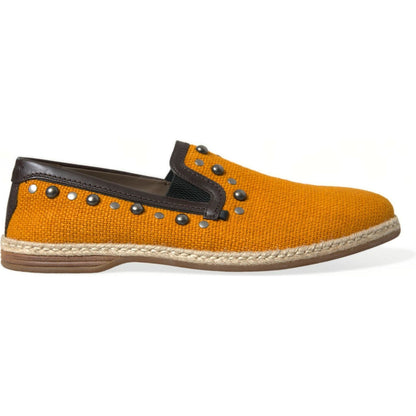 Dolce & Gabbana Orange Linen Leather Studded Loafers Shoes
