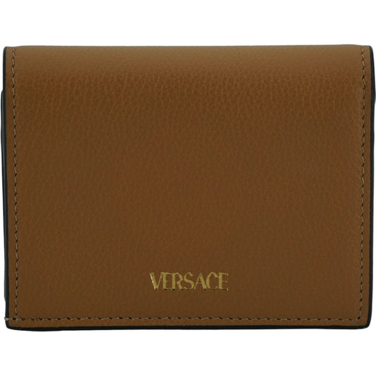 Versace Elegant Compact Leather Wallet in Brown Versace Saddle Brown