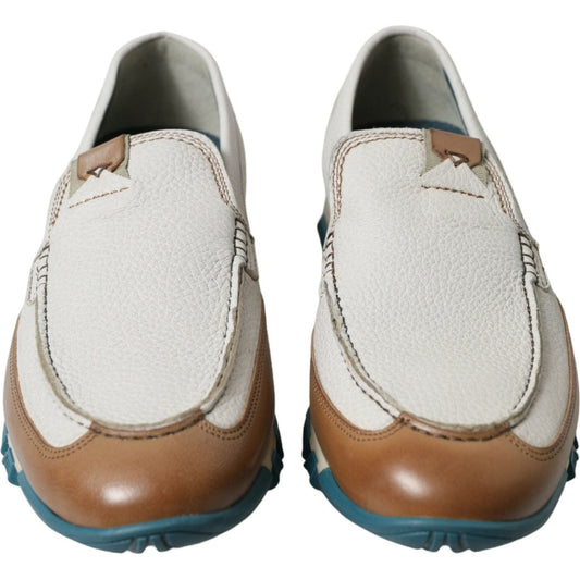 Dolce & Gabbana White Brown Leather Slip On Men Moccasin Shoes