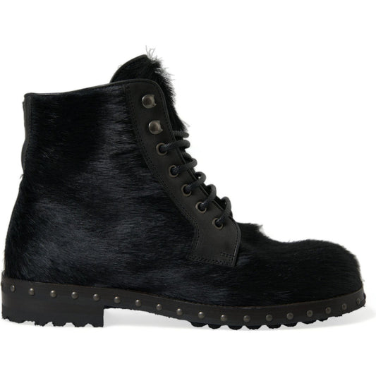 Dolce & Gabbana Black Pony Style Leather Mid Calf Boots Shoes 1728,67345645728,Black,Boots - Men - Shoes,Boots - Shoes,Dolce & Gabbana,EU40/US7,Lace-Up Boots - Boots - Shoes,Material: 100% Calf Leather,Men,Men - Shoes,New with tags,Shoes