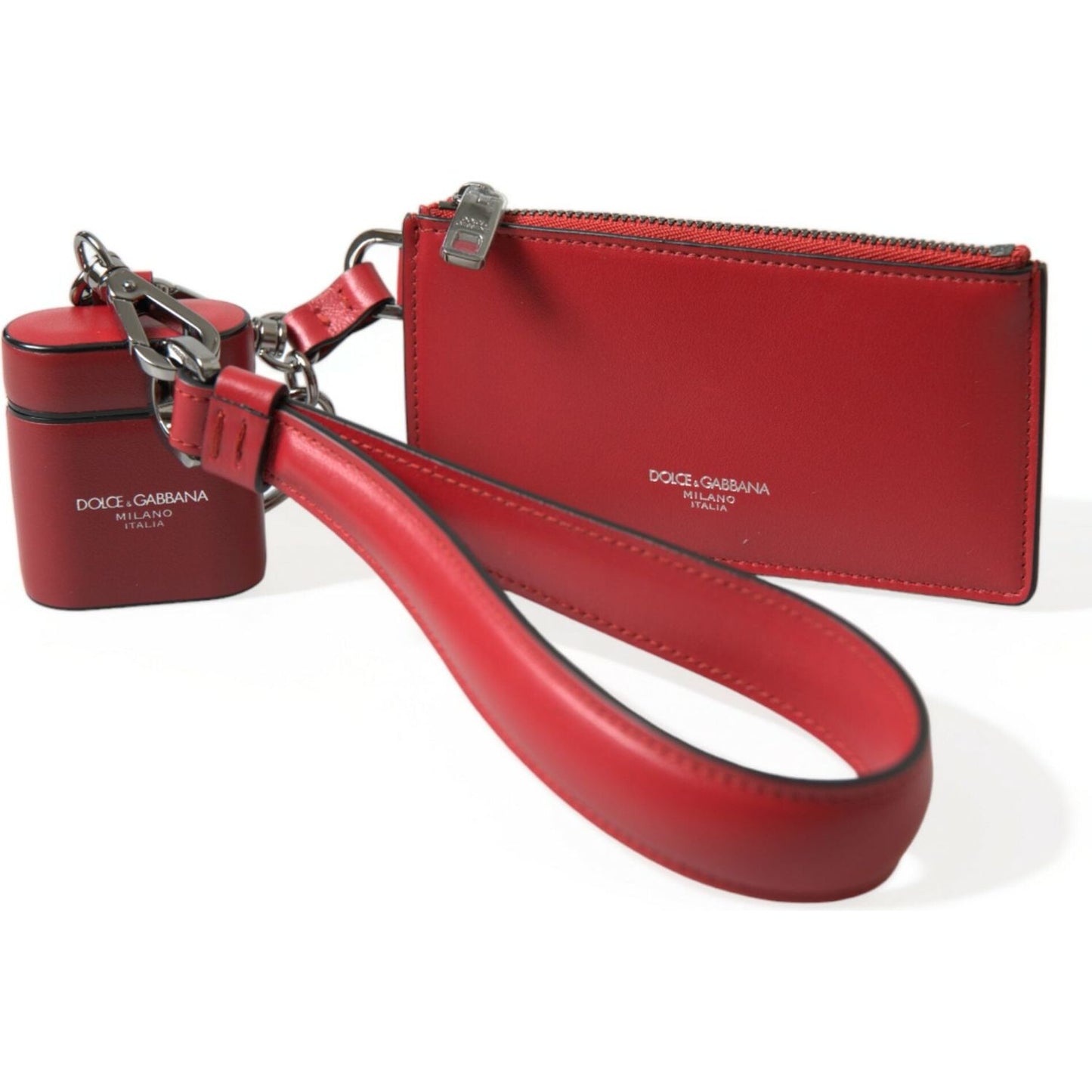 Dolce & Gabbana Red Leather Silver Metal Logo Strap Pouch Airpods Case
