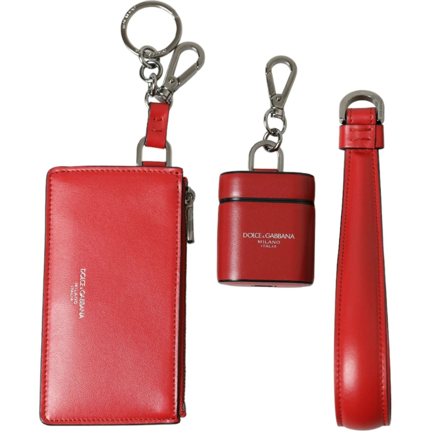 Dolce & Gabbana Red Leather Silver Metal Logo Strap Pouch Airpods Case