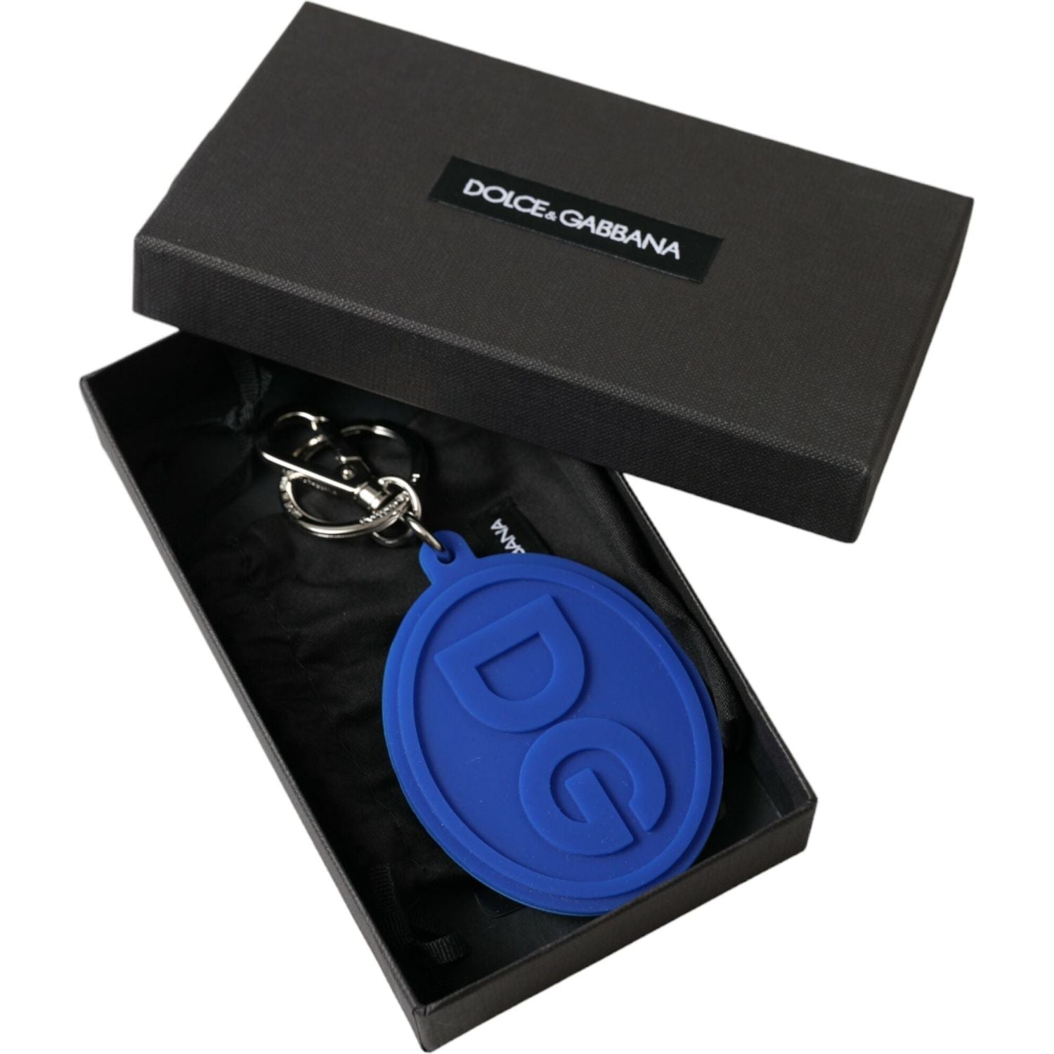 Dolce & Gabbana Blue Rubber DG Logo Silver Brass Metal Keyring Keychain